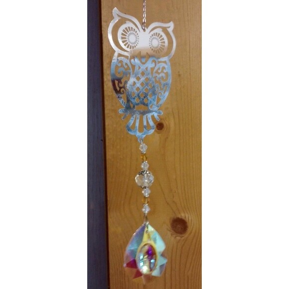 Silver Owl Iridescent Crystal Prism Sun Catcher Window Hanging 16 1/2" Gift New - Picture 4 of 6